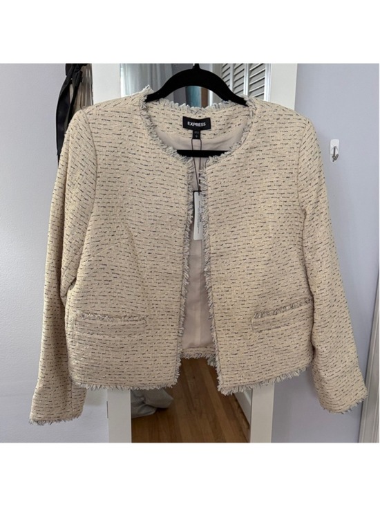 Express Jackets & Blazers - Express Neutral Cream Tweed Fringe Open-Front Blazer